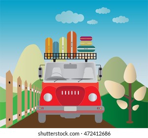Front view of Old Pick up Truck with mountain background Vector Illustration