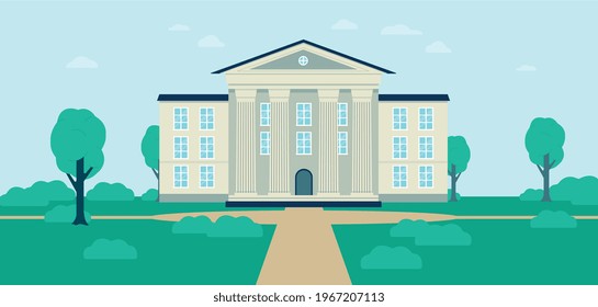 Front view on academy, university, college or school campus. Exterior architecture of educational building or government agency with entrance and green lawn. Vector illustration.