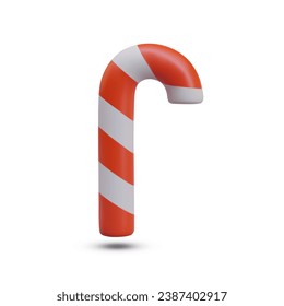 Front view on candy cane. Traditional Christmas stick. Xmas candy with red and white stripes on white background. Vector illustration in 3d realistic style