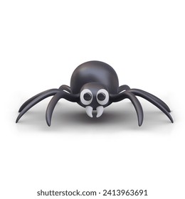 Front view on cartoon black spider. Object for Halloween decoration concept. Dangerous scary spider. Vector illustration in 3d style with shadow on white background