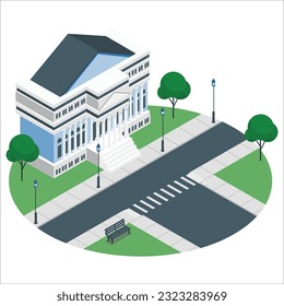 Front view on a classical university building on a piece of ground, 3d illustration. University college building vector in flat style front view. 