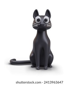 Front view on cute black animal. Realistic cat sitting on white background. Cute kitten in cartoon style concept. Vector illustration in 3d style with shadow