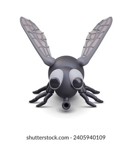 Front view on cute realistic fly standing on white background. Housefly insect concept. Tiny bug wings body pests. Domestic fly in black colors. Vector illustration in 3d style