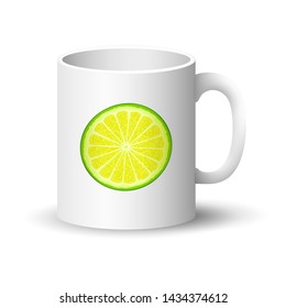 Front View on a Mug with Lime or Lemon Slices ,Cup with Juicy Fresh Slice of Citrus Isolated on a White Background, Summer Time, Vector Illustration