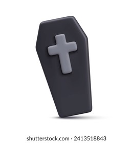 Front view on open coffin lid with gray cross on white background. Halloween element in black colors. Vector illustration in 3d style with shadow in cartoon style