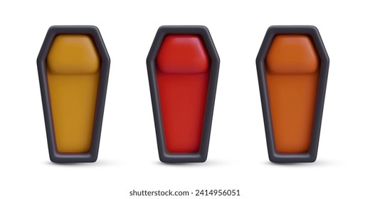 Front view on realistic coffin with yellow, red, and orange place for person. Object with place for human burial. Vector illustration in 3d style with shadow