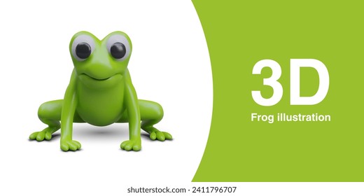 Front view on realistic cute frog in cartoon style. Placard with tailless amphibian and place for text. Vector illustration in 3d style with white and green background