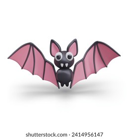 Front view on realistic flying bat in black and pink color. Bird with open wings. Cartoon vampire character on white background with shadow. Vector illustration in 3d style