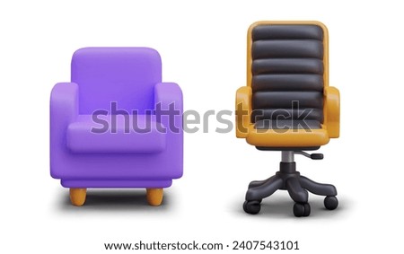 Front view on realistic home and office armchair. Comfortable soft armchair in purple color and swivel chair. Vector illustration in 3d style on white background