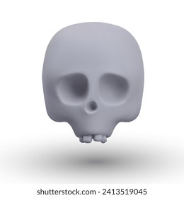 Front view on scull in gray color. Concept of Halloween object. Mask or costume element on white background. Skull with bone. Vector illustration in 3d style with shadow