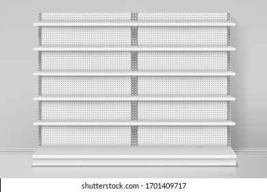 Front view on shop or store shelves. Counter design with dots. Empty or blank mall showcase. Mockup of retail display stand or mock up of exhibition shelf. Indoor metal rack for expo. Retail, shopping