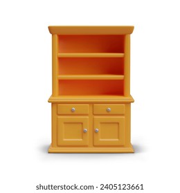 Front view on wardrobe in orange colors. Wardrobe with open shelves in cartoon style. Model for store selling furniture. Vector illustration in 3d style