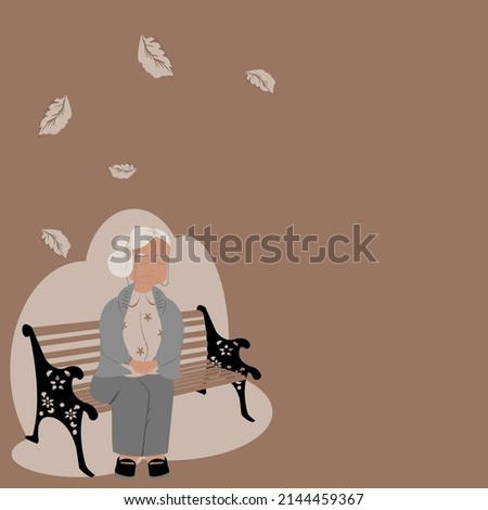 Front view of one lonely grandma is sitting on benches at outdoor under dry leaf on brown background.Vector flat design concept for entry,lonely,forlorn,desolate, lonesome,alone,helpless,insularity.