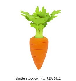 Front view of one orange-red cartoon carrot with green leaves isolated on white background. Vector illustration in 3d style.