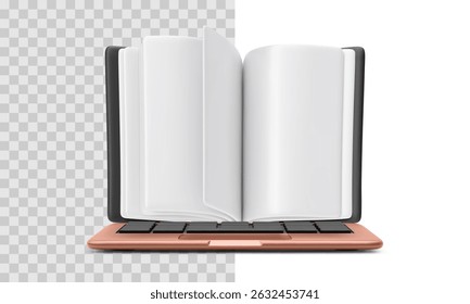 Front View of Open Book Integrated with Laptop Keyboard in Cartoon Style, Displayed on Transparent and White Background. Great for Education, E-Learning or Knowledge Concepts. Vector Illustration.