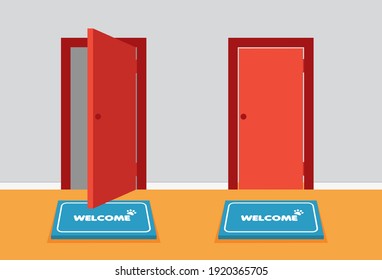 Front view open and closed red entrance doors. Doormat in front door. House threshold. Element of home decor, front view. Carpet with the welcome text. Greeting and invitation to come in.