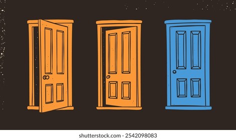 Vista frontal de puertas abiertas, cerradas, ligeramente abiertas, entreabiertas. Espacio oscuro detrás de la puerta. Oportunidad, nuevas posibilidades, fobia, concepto de miedo. Ilustración vectorial dibujada a mano. Elementos de diseño aislados