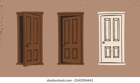 Vista frontal de puertas abiertas, cerradas, ligeramente abiertas, entreabiertas. Espacio oscuro detrás de la puerta. Oportunidad, nuevas posibilidades, fobia, concepto de miedo. Ilustración vectorial dibujada a mano. Elementos de diseño aislados