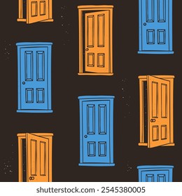 Front view of open, closed, slightly open, ajar Doors set. Dark space behind the door. Opportunity, new possibilities concept. Hand drawn Vector illustration. Square seamless Pattern, background