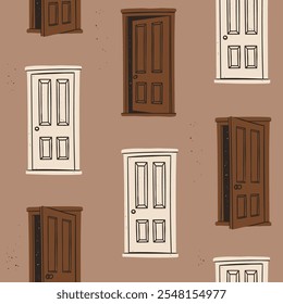 Front view of open, closed, slightly open, ajar Doors set. Dark space behind the door. Opportunity, door shop, interior concept. Hand drawn Vector illustration. Square seamless Pattern, background