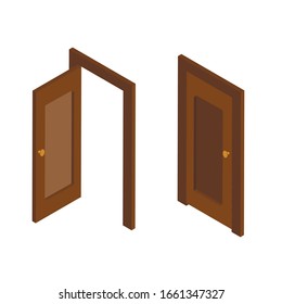 Front view open and closed white entrance doors. Door iisometric con. Vector illustration isolated on grey background.