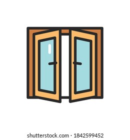 Front View Open Double Doors Color Line Icon. Isolated Vector Element.