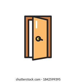Icono de la línea de color de la puerta interior abierta de la vista frontal. Elemento vector aislado.