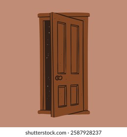 Front view of open, slightly open, ajar Door. Dark space behind the door. Opportunity, new possibilities, phobia, fear concept. Hand drawn Vector illustration. Isolated design element