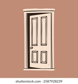 Front view of open, slightly open, ajar Door. Dark space behind the door. Opportunity, new possibilities, phobia, fear concept. Hand drawn Vector illustration. Isolated design element