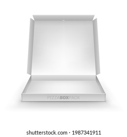 Front view of opened pizza box pack template. Blank white cardboard packaging with open cover, pizza delivery service empty container, fast food packing box mockup realistic vector illustration