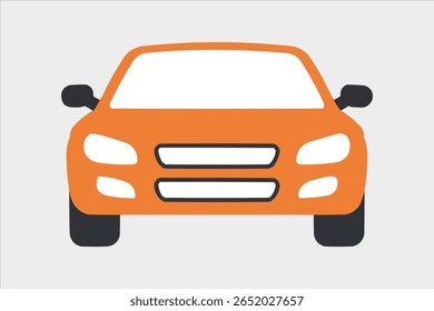 Vista frontal de um carro laranja com faróis brancos e pneus pretos