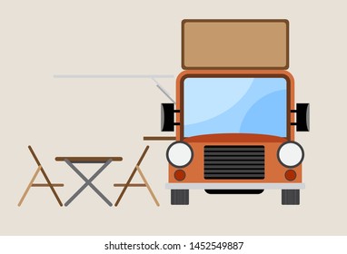 front view orange food truck with bank banner, delivery truck, food service vector, eps 10