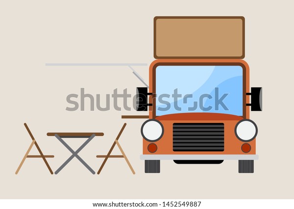 front view orange food truck with\
bank banner, delivery truck, food service vector, eps\
10