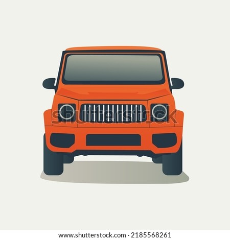 Front View of orange Off Road Truck, SUV Pickup, Jeep Car Flat Vector Illustration