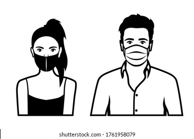 Front view outline vector set of black and white icons of a man and a woman wearing protective face mask - covid-19 safety measures, restriction, covering face to prevent spread of the virus