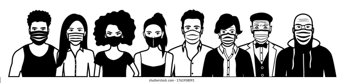 Front view outline vector set of different cartoon people wearing protective face mask - covid-19 safety measures, restriction, covering face to prevent spread of the virus.