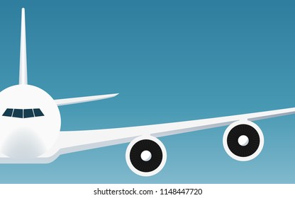 Front view of Passenger airplane flying in flat icon design with blue sky background