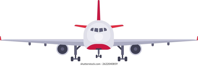 Front view of a passenger airplane standing on the runway ready for taking off, air travel and vacation concept, vector illustration on white background