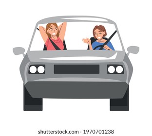 Front View of People Riding Gray Car, Cheerful Girl Driver Driving Vehicle and Smiling Woman Sitting in Passenger Seat Cartoon Vector Illustration