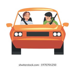 Front View of People Riding Orange Car, Male Driver Driving Vehicle and Woman Sitting in Passenger Seat Cartoon Vector Illustration