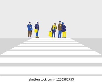 Front view of people waiting to cross the street on crosswalk, in blue, yellow and brown tones