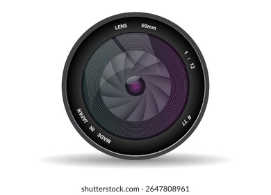 Vista frontal da lente da câmera fotográfica isolada no fundo branco. Ilustração vetorial