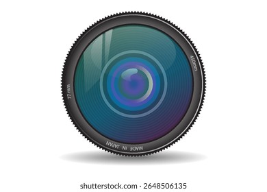 Vista frontal da lente da câmera fotográfica isolada no fundo branco. Ilustração vetorial