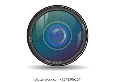 Vista frontal da lente da câmera fotográfica isolada no fundo branco. Ilustração vetorial