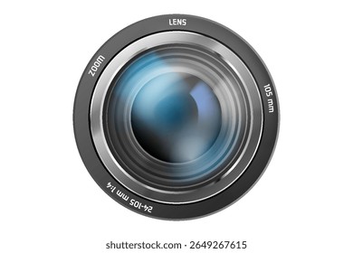 Vista frontal da lente da câmera fotográfica isolada no fundo branco. Ilustração vetorial