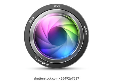 Vista frontal da lente da câmera fotográfica isolada no fundo branco. Ilustração vetorial