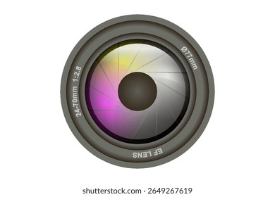 Vista frontal da lente da câmera fotográfica isolada no fundo branco. Ilustração vetorial