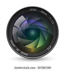 Front view of photo camera lens vector illustration isolated on white background. 