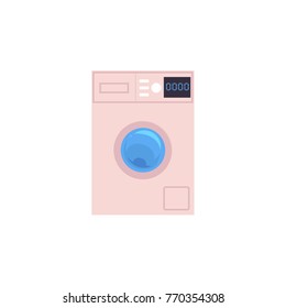 Front view picture of automatic household washer, washing machine with timer, cartoon vector illustration isolated on white background. Front view cartoon washing machine, washer, household appliance