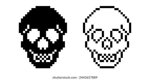 front view pixel art human skull icon set isolated on white background